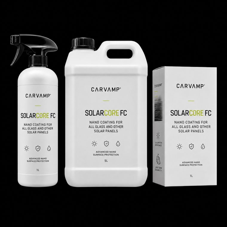 CARVAMP SOLARCORE FC nano coating for all glass and other solar panels — 1L spray, 5L canister and box